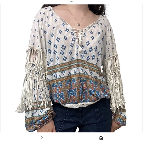 Free People Macra Maze Bohemian Fringe Women Top - White and Blue - Picture 1 of 15